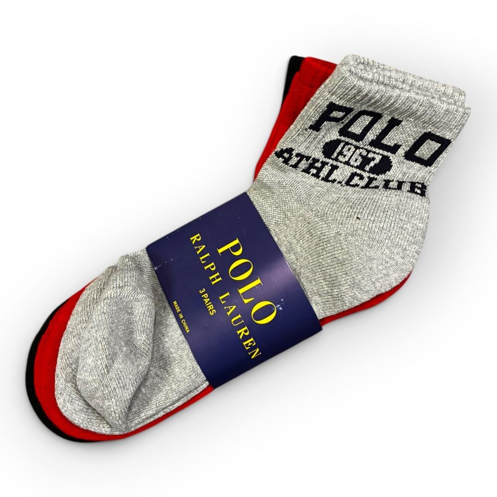 3 Pack Womens Designer Polo Crew Socks Red Grey Blue